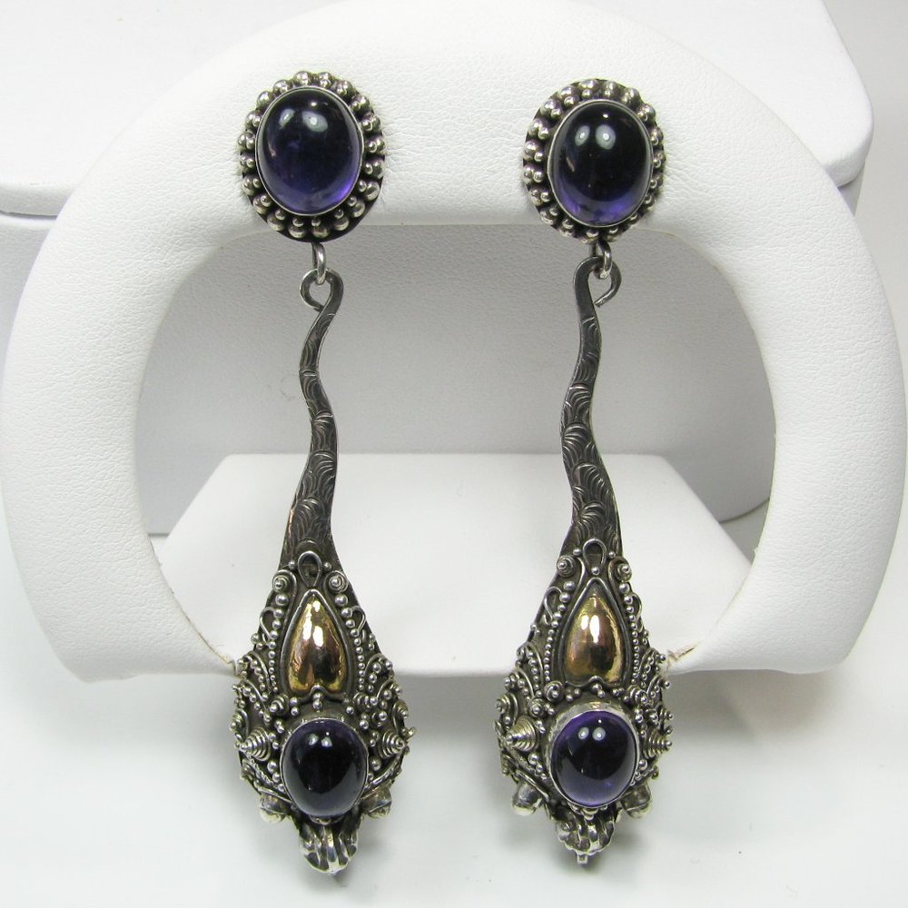 Sterling Silver & Gold Amethyst Cabochon Dangle Earrings